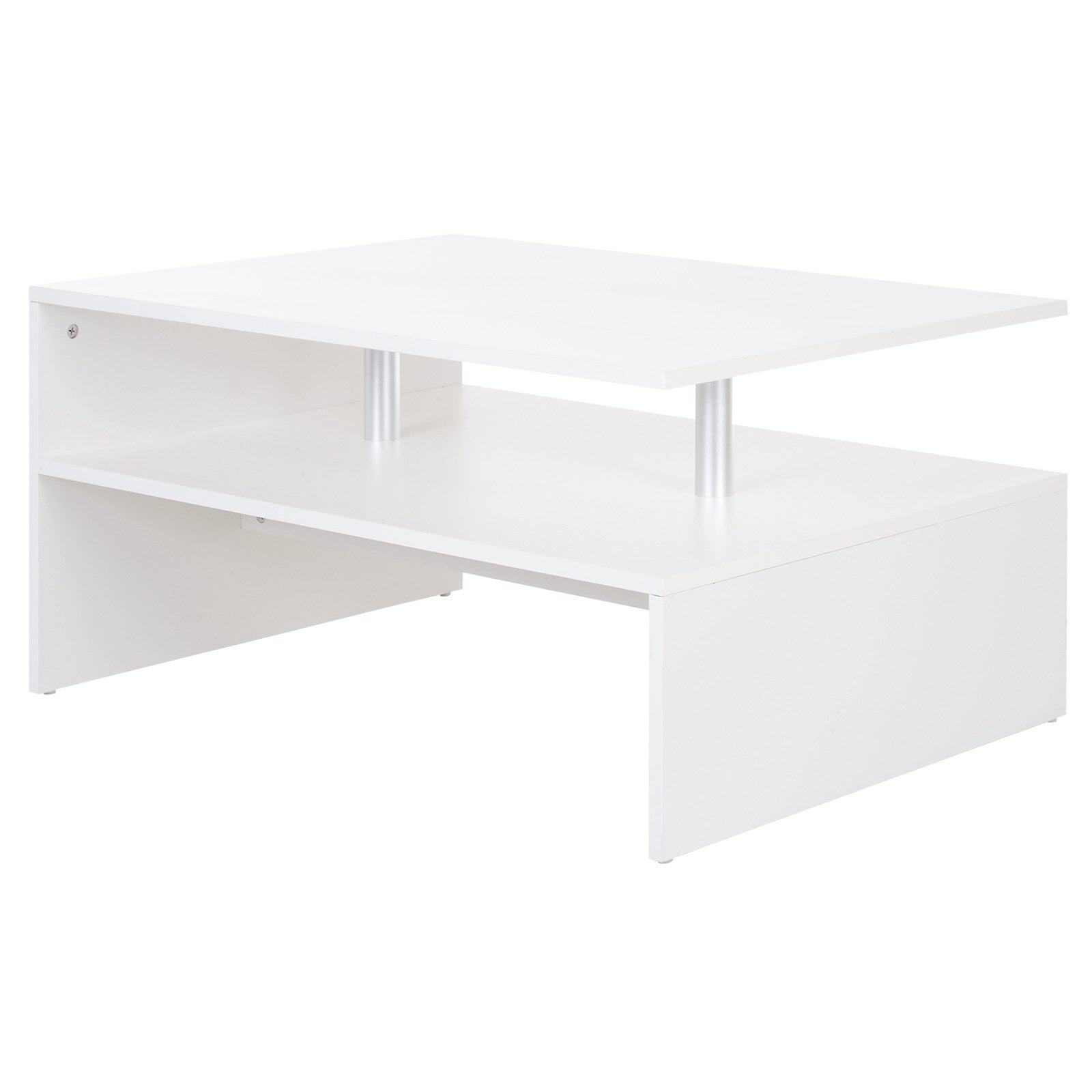 Coffee Table with Storage, 2-Tier Centre Table, Modern Living Room Table with Open Shelf and Aluminium Poles, White
