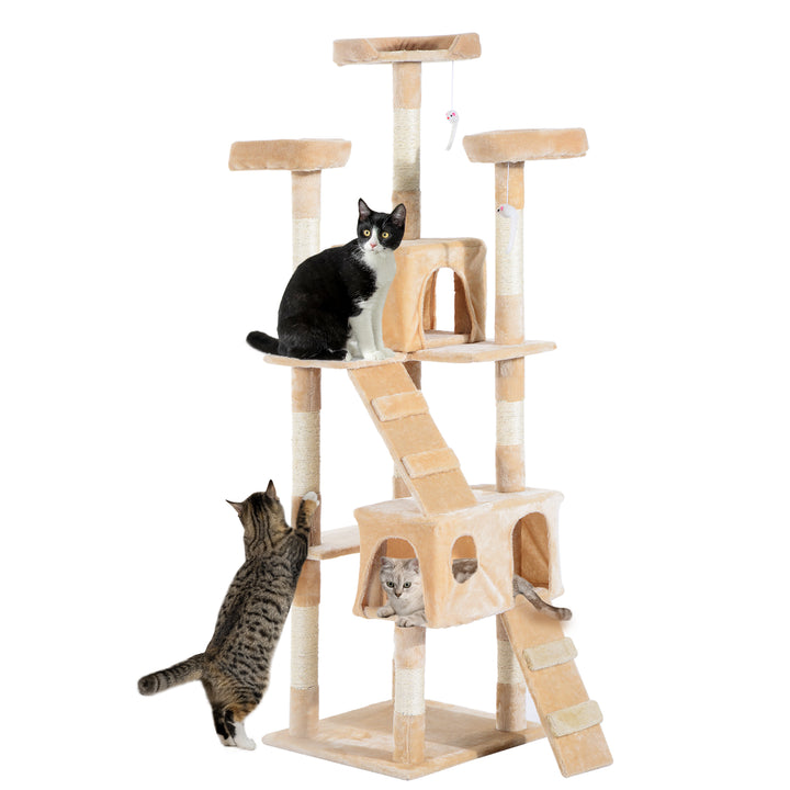 PawHut Deluxe Cat Tree, Kitten Scratching Post, Climbing Tower Activity Centre, Plush, Cream | Aosom UK