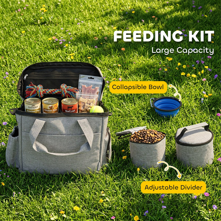 Dog Travel Bag, Waterproof Walking Bag with Multiple Pockets, Two Food