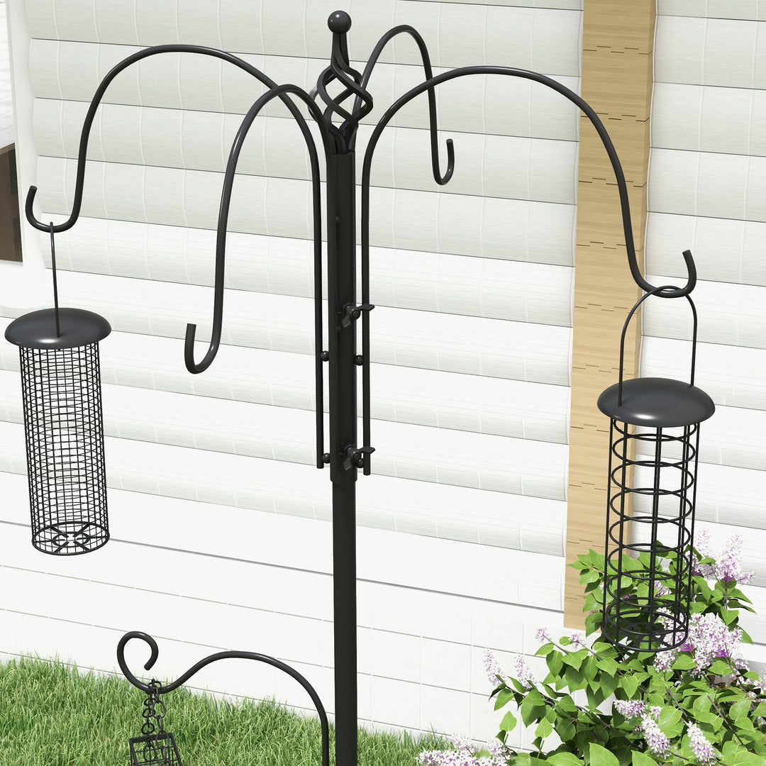 MCL Bird Feeding Station Kit, Wild Bird Feeder Pole with 6 Hooks, 4 Hanging Feeders for Peanuts, Seed, Fat Balls, for Garden, Outdoor, Black