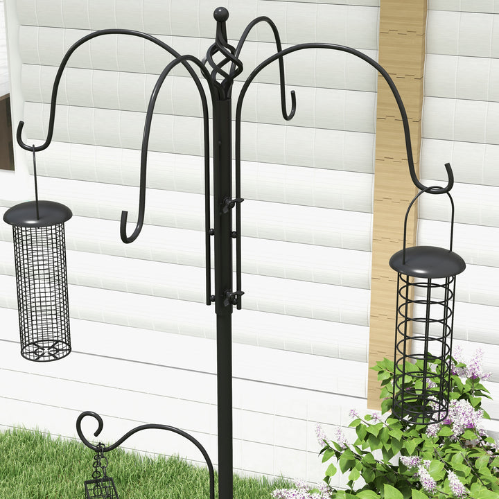 MCL Bird Feeding Station Kit, Wild Bird Feeder Pole with 6 Hooks, 4 Hanging Feeders for Peanuts, Seed, Fat Balls, for Garden, Outdoor, Black