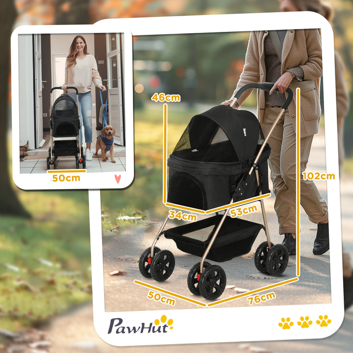 PawH 3-in-1 Pet Stroller, Folding 4 Wheel Dog Pram with Detachable Carrier for Mini Dogs, Cats, Black
