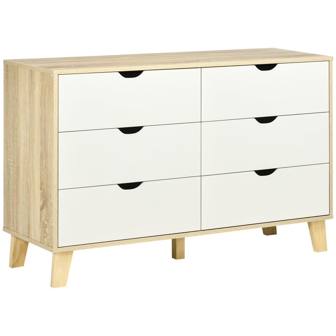Bedroom Chest of Drawers, Wide 6-Drawer Dresser, Storage Drawer Unit with Wood Legs for Living Room, White and Light Brown