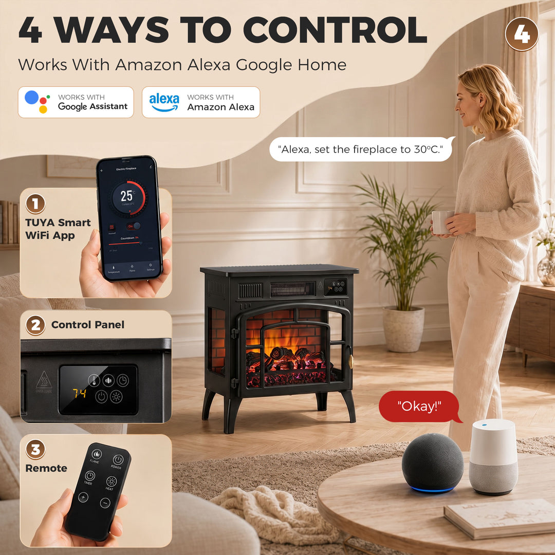 Smart Electric Fireplace Stove Log Burner, 3-Sided Glass WiFi - view 5