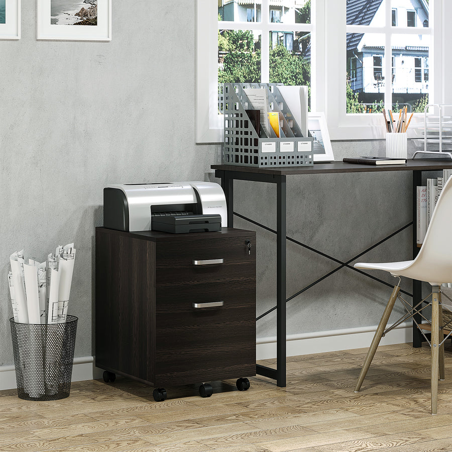 2-Drawer Locking Office Filing Cabinet w/ 5 Wheels Rolling Storage Hanging A4 Cupboard Home Organisation Black Wood Grain