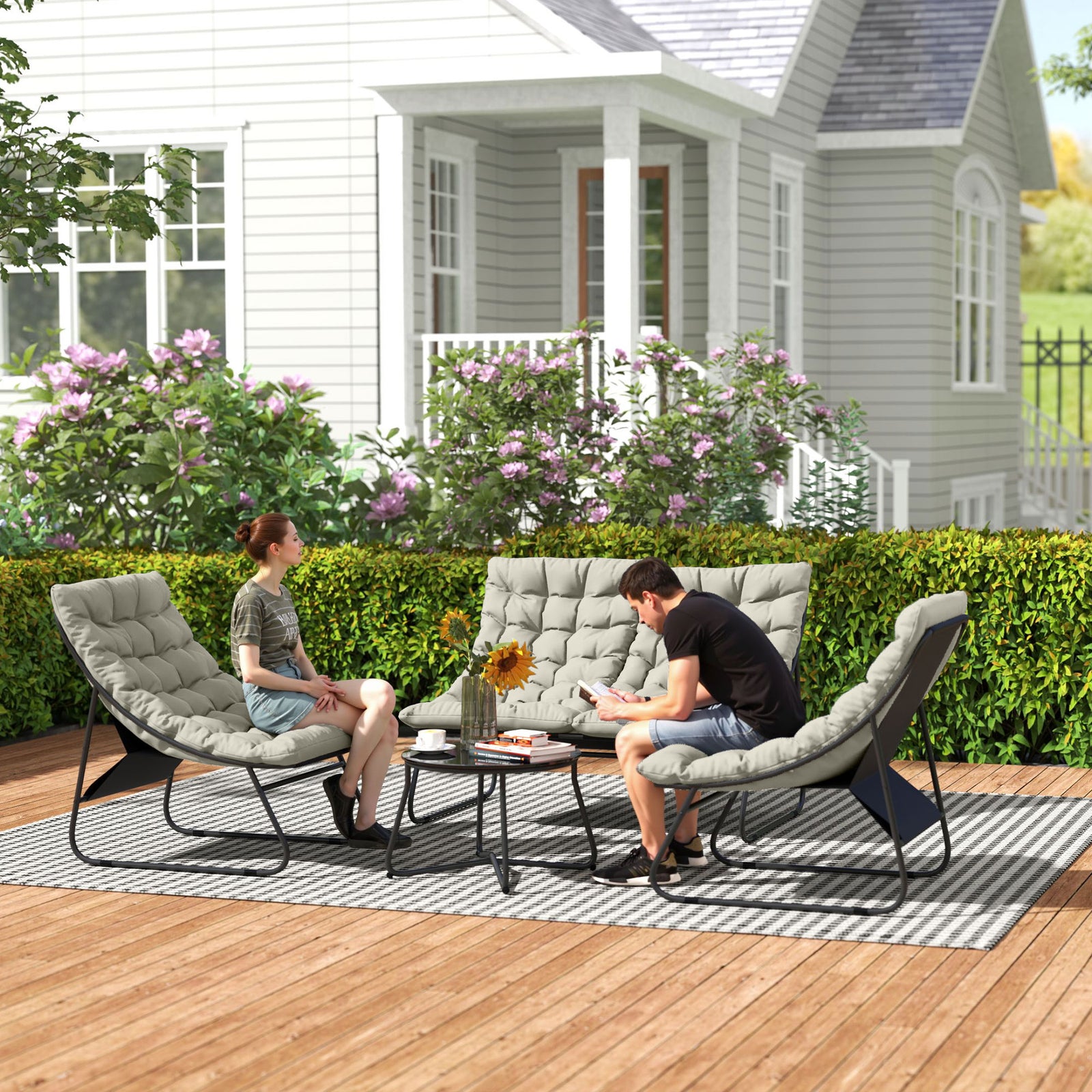 4 Seater Garden Furniture Set, Conversation Set with Loveseat Sofa, Chairs, Glass Coffee Table, Thick Cushions, Steel Outdoor Sofa for Balcony, Poolside, Conservatory, Light Grey