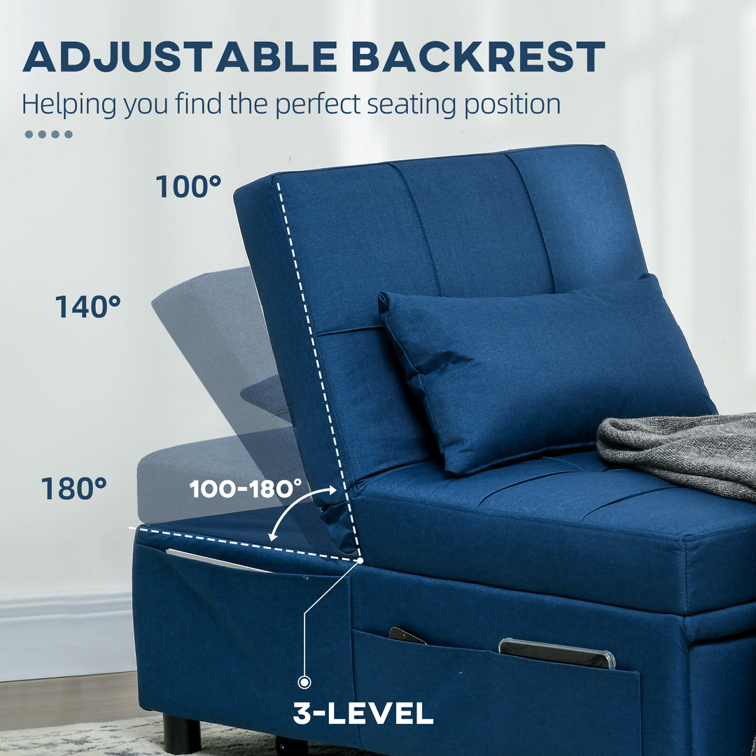 Convertible Chair Bed with Padding Seat, 4-in-1 Multi-Functional Sleeper Sofa Bed, Recliner with Adjustable Backrest, Side Pocket, Wheels and Pillow, for Living Room, Blue
