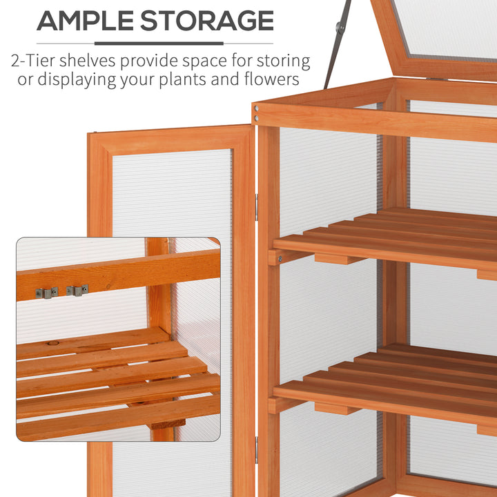 Outsunny 3-tier Wood Greenhouse Garden Polycarbonate Cold Frame Grow House w/ Storage Shelf for Plants, Flowers, Orange | Aosom UK