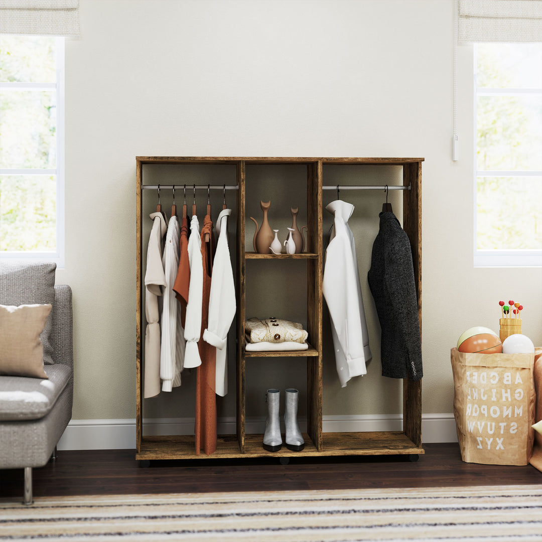 Open Wardrobe Double Mobile Storage Shelves Organizer W/6 Wheels-Rustic Brown