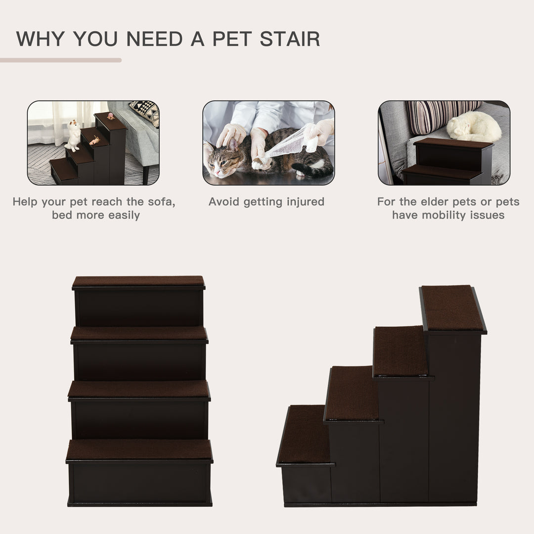 4 Step Wooden Dog Steps Pet Stairs for Dogs, Cat Ladder for Bed Couch with Non-Slip Carpet 40 x 59 x 54.2 cm, Dark brown