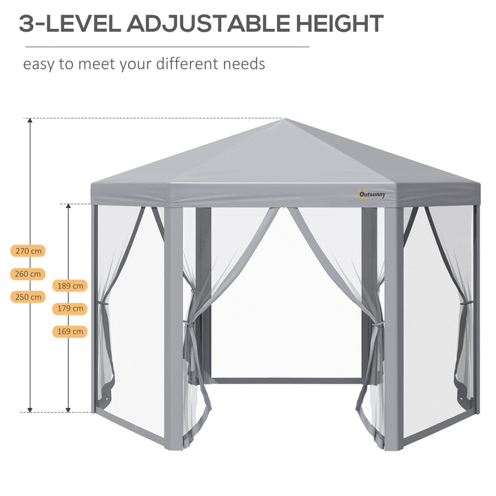 Outsunny 3 x 3(m) Pop Up Gazebo Hexagonal Foldable Canopy Tent Outdoor Event Shelter with Mesh Sidewall, Adjustable Height and Roller Bag, Grey