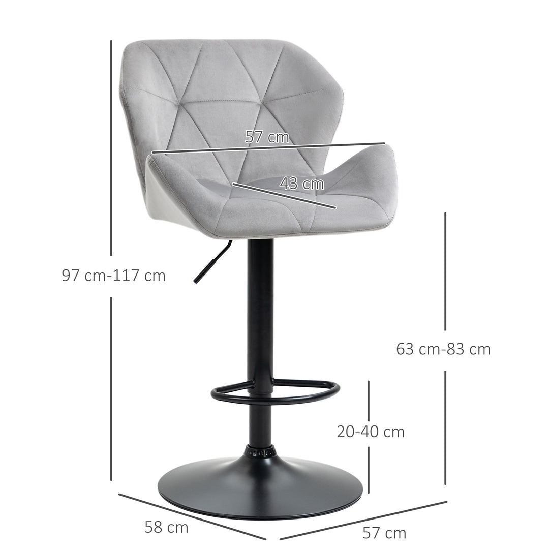 Bar Stools Set Of 2, Luxurious Velvet-Touch Barstools with Metal Frame Footrest Round Base Triangle Indenting Moulded Seat Adjustable Height Swivel Grey