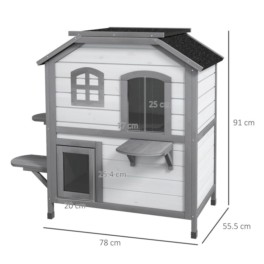 PawHut 2-Storey Indoor or Outdoor Wooden Cat Enclosure Kitty Shelter with Escape Door, Openable Weatherproof & Waterproof Roof, White | Aosom UK