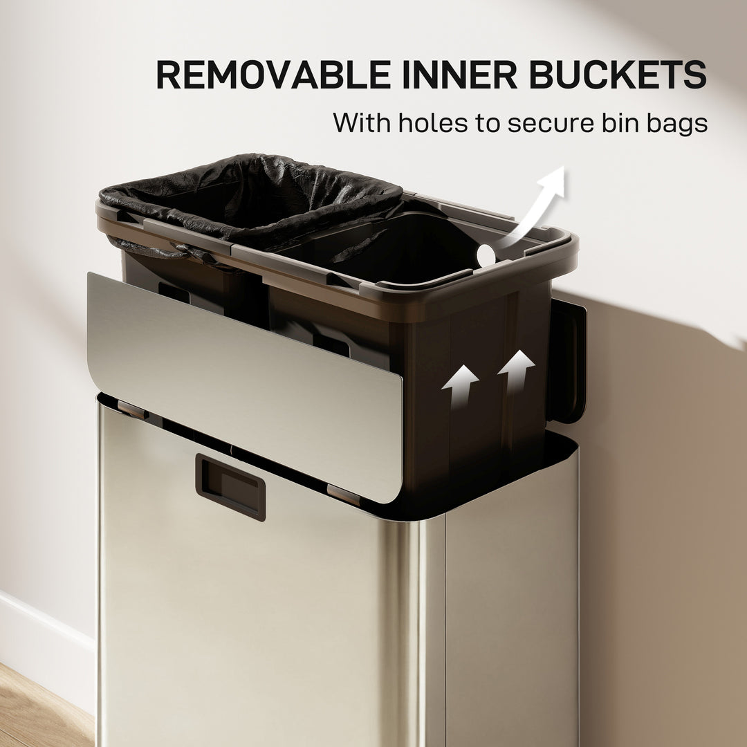 MCL Dual Kitchen Bin with Soft-Close Butterfly Lid, 2 x 28L Stainless Steel Pedal Bin with Removable Inner Buckets, Fingerprint-Proof for Recycling and Waste, Silver Tone