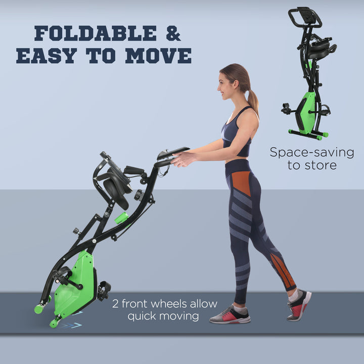 2-in-1 Folding Exercise Bike with 8-Level Magnetic Resistance, Arm Resistance Band, Pulse Sensor, Green