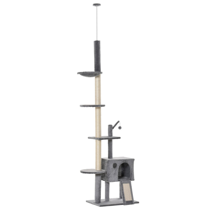 PawHut Cat Tower, 280cm Huge Activity Center Floor-to-Ceiling with Scratching Post, Hammock, Hanging Ball, Light Grey | Aosom UK