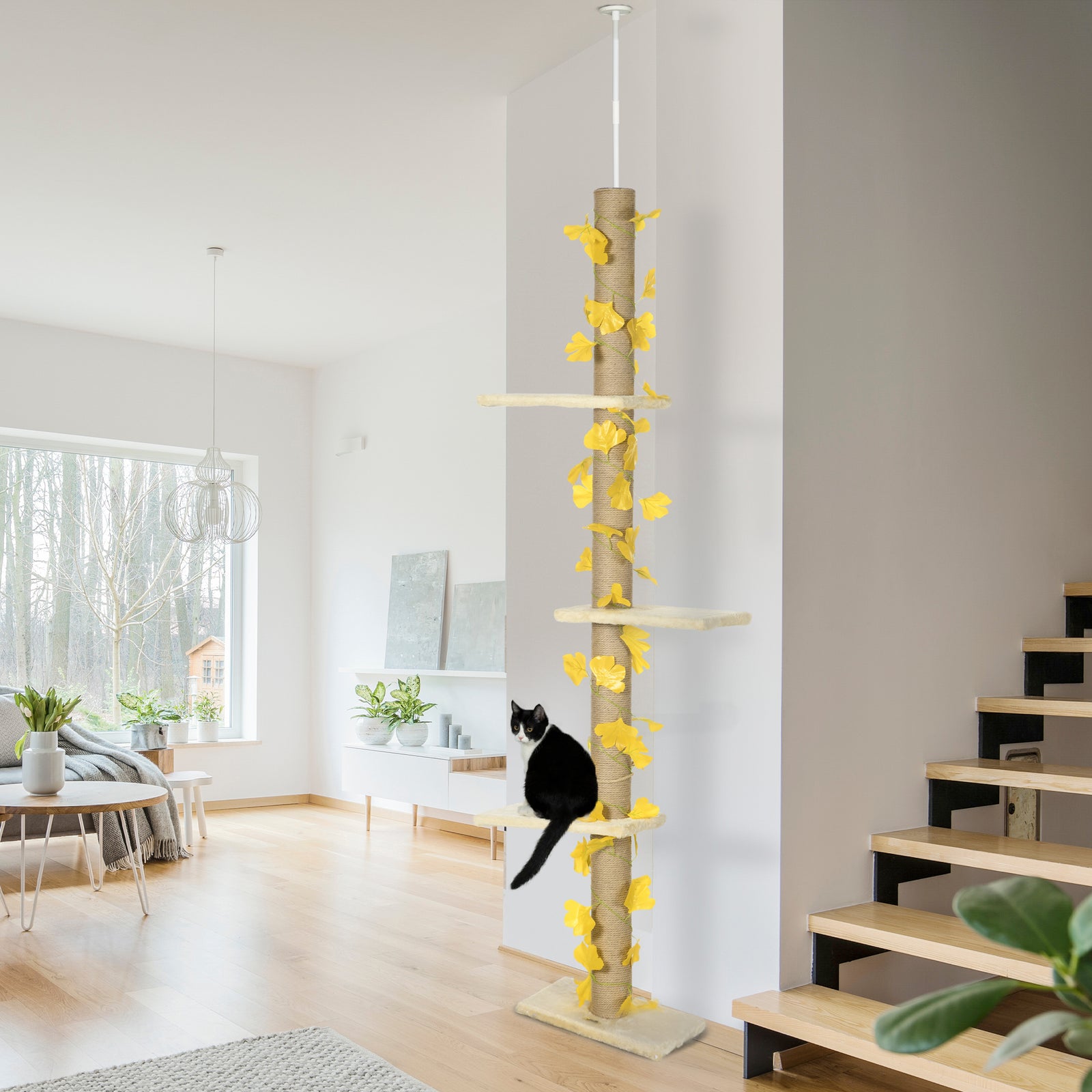 242cm Adjustable Floor-To-Ceiling Cat Tree, with Artificial Decoration, Perches, Anti-Slip Kit - Yellow
