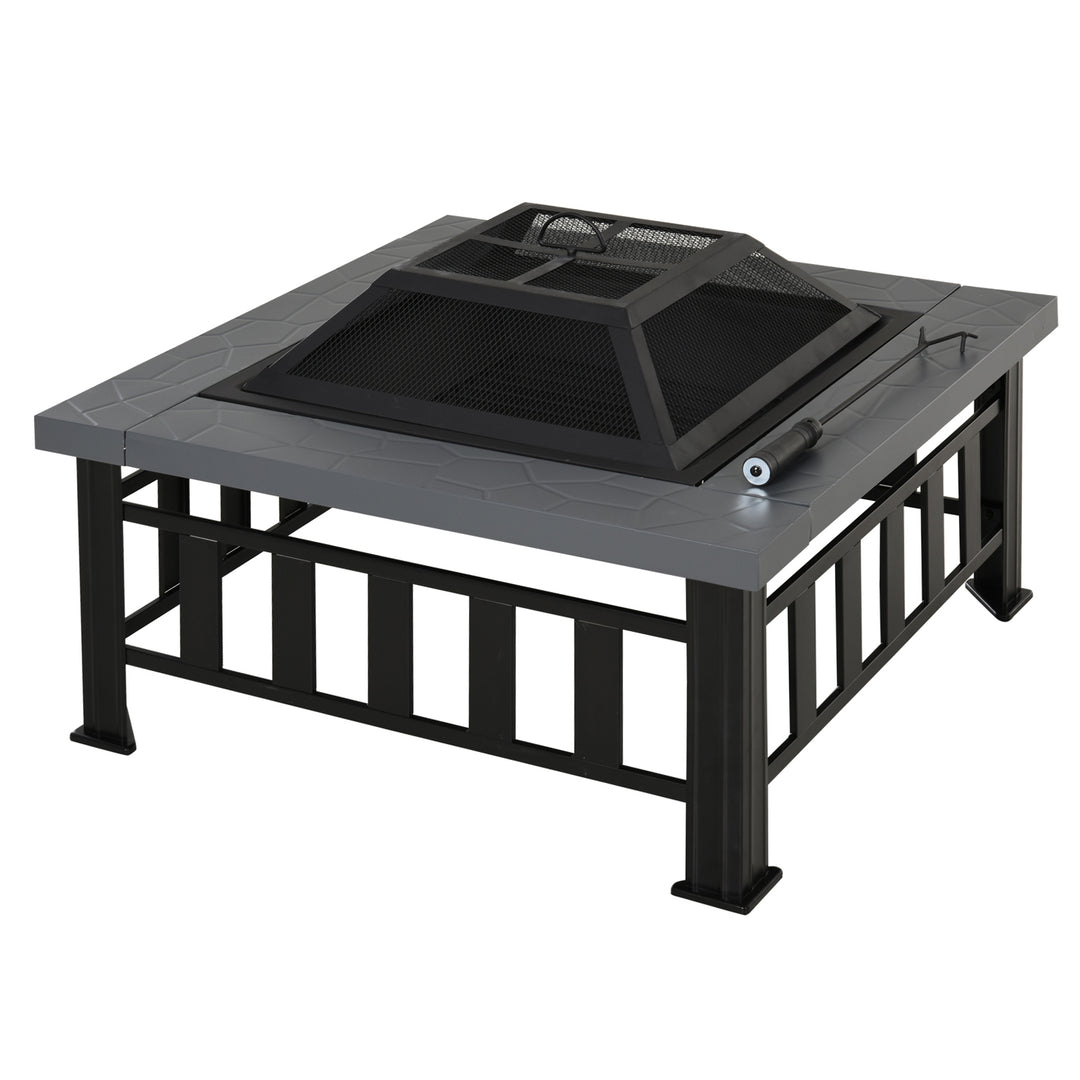 Metal Large Firepit Outdoor Square Fire Pit Brazier w/ Rain Cover, Lid, Log Grate, Poker for Backyard, Camping, BBQ, Bonfire, Wood Burning Stove, 86 x 86 x 54cm, Black