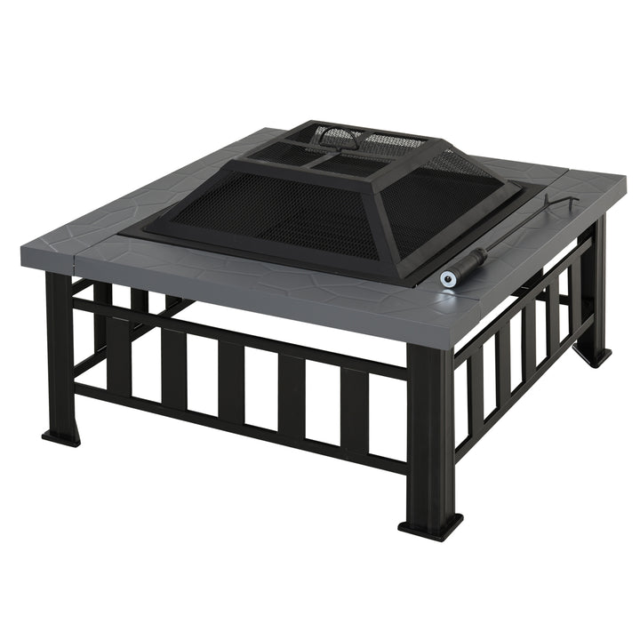 Metal Large Firepit Outdoor Square Fire Pit Brazier w/ Rain Cover, Lid, Log Grate, Poker for Backyard, Camping, BBQ, Bonfire, Wood Burning Stove, 86 x 86 x 54cm, Black