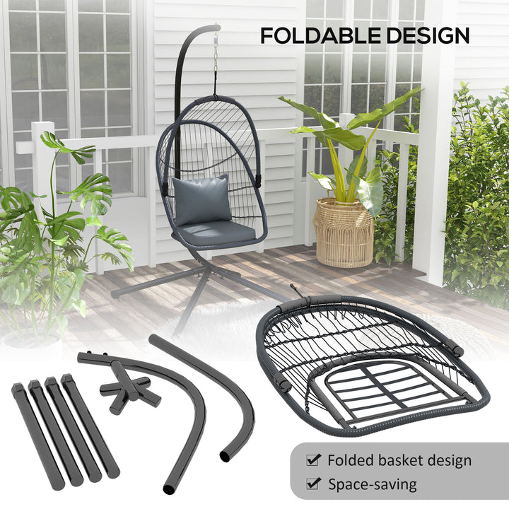 Outsunny Outdoor PE Rattan Swing Chair with Cushion, Foldable Basket Patio Hanging Chair w/ Metal Stand, Rotation Spring Hook, Basket Height