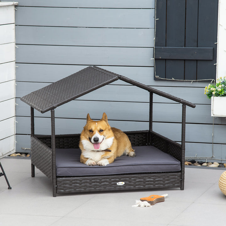 Wicker Dog Bed, Elevated Rattan Dog House with Removable Cushion and Canopy, for Small and Medium Dogs, 98 x 69 x 70cm - Grey