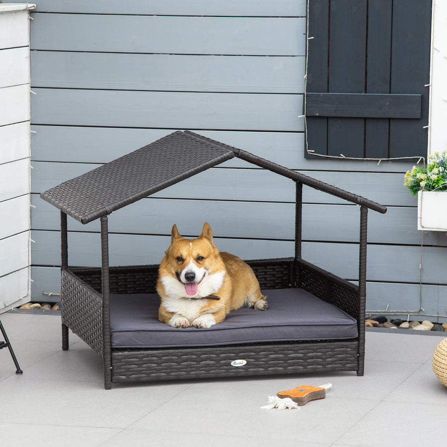Wicker Dog Bed, Elevated Rattan Dog House with Removable Cushion and Canopy, for Small and Medium Dogs, 98 x 69 x 70cm - Grey