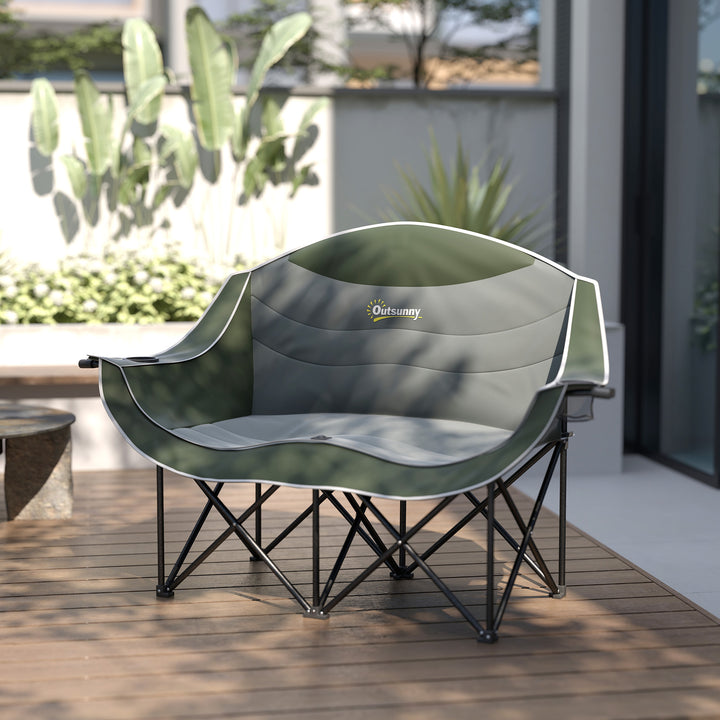 Double Camping Chair for Adults, Oversized Heavy Duty Padded Folding Chair with Armrests, Cup Holders and Carry Bag for Outdoor Camping Hiking Picnic Fishing, 250kg Capacity, Green