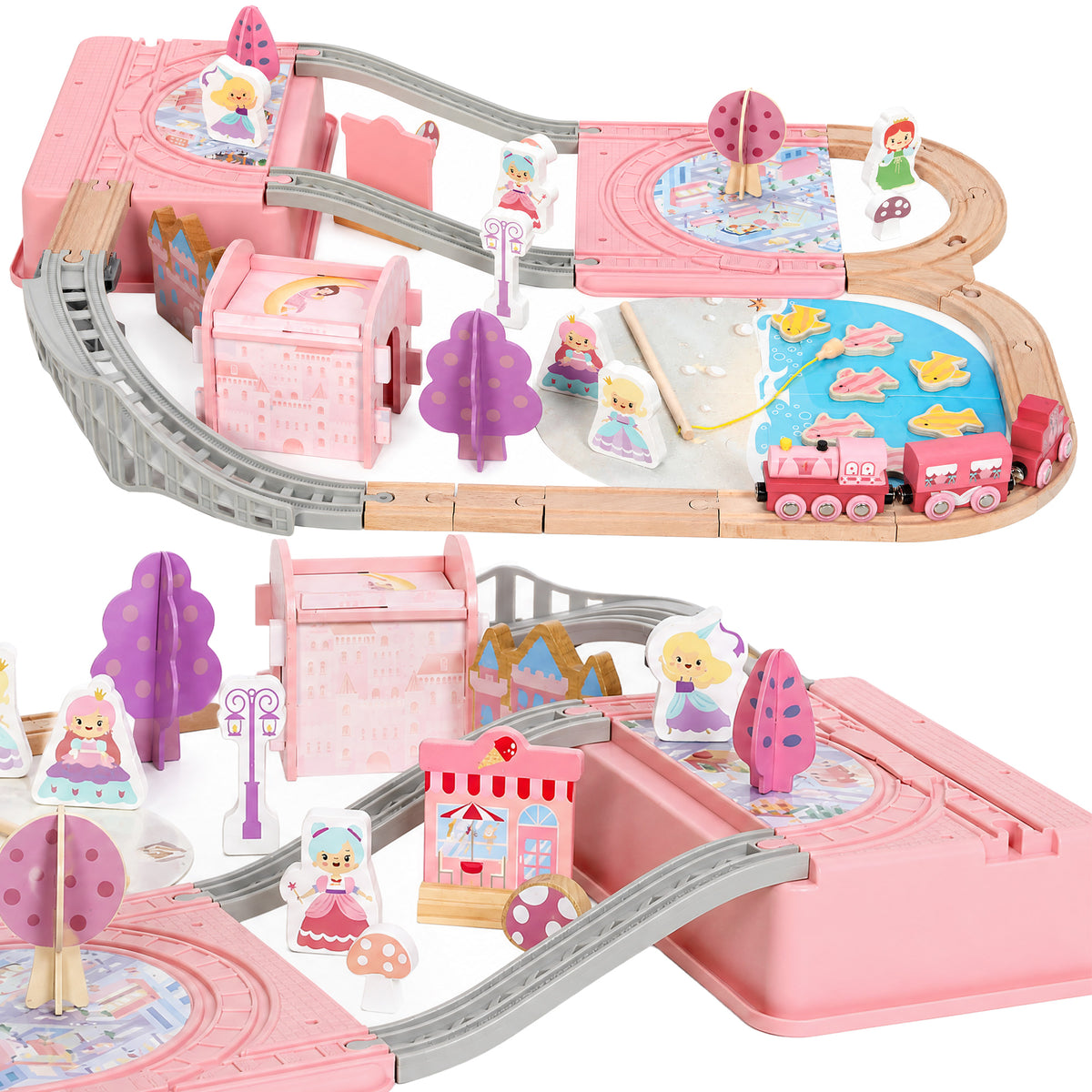 Wooden Train Set, 58PCS Train Track Set with 17 Track Pieces, 5