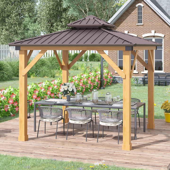MCL 3x(3)M Outdoor Hardtop Gazebo Canopy with 2-Tier Roof and Solid Wood Frame, Outdoor Patio Shelter for Patio, Garden, Brown