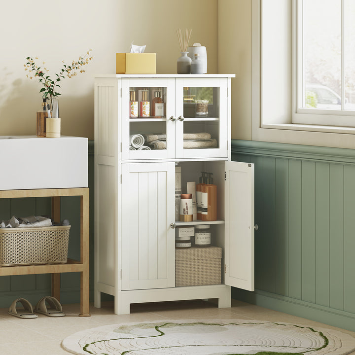 Bathroom Floor Cabinet, Freestanding Kitchen Cupboard with 2 Drawers, Adjustable Shelves and Tempered Glass Door, Wooden Storage Unit for Living Room Kitchen Hallway