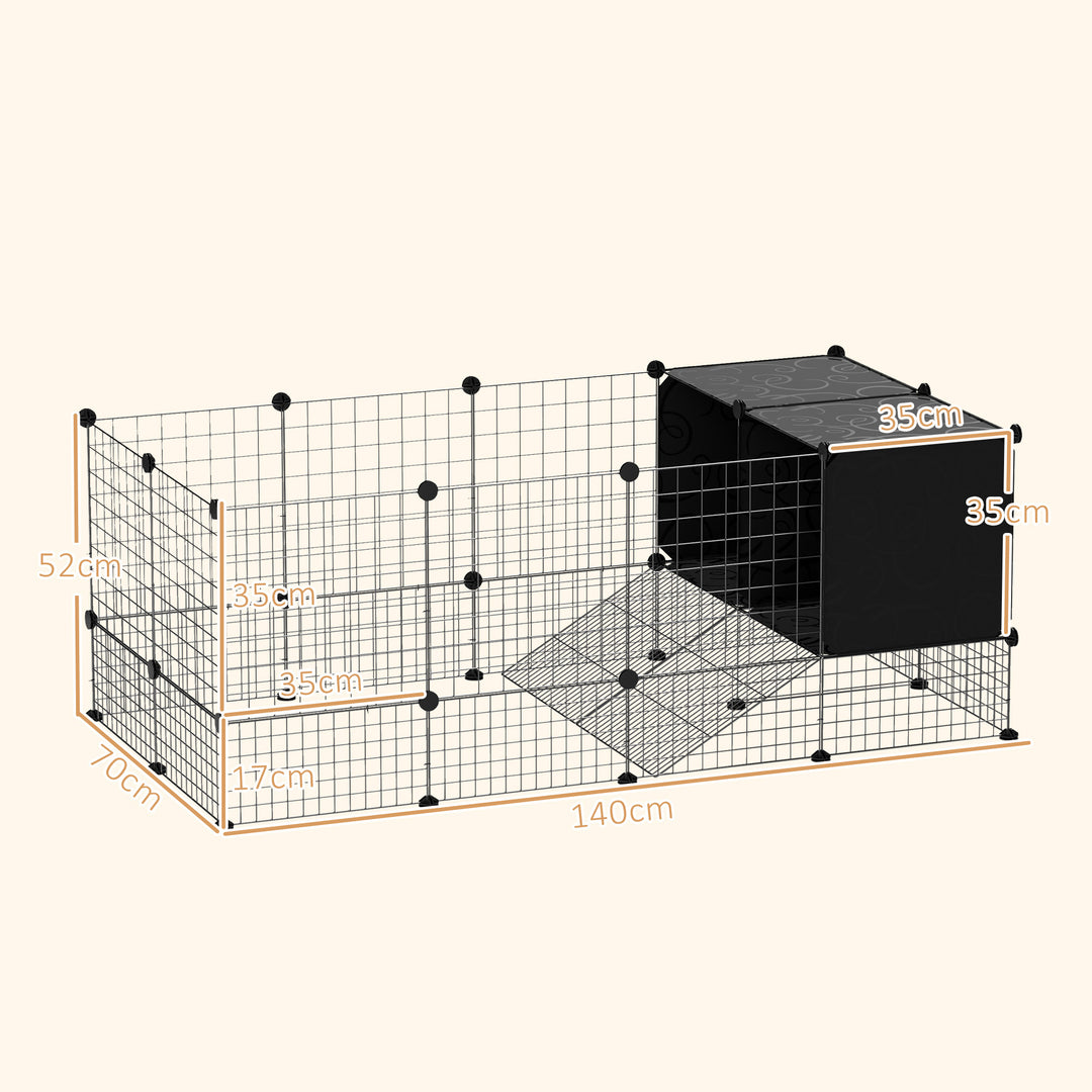 DIY Small Animal Cage with Elevated Huts, C&C Cage for Guinea Pigs, Hedgehogs, Rabbits, 31 Panels, Black