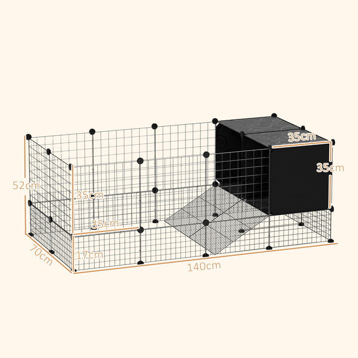 DIY Small Animal Cage with Elevated Huts, C&C Cage for Guinea Pigs, Hedgehogs, Rabbits, 31 Panels, Black