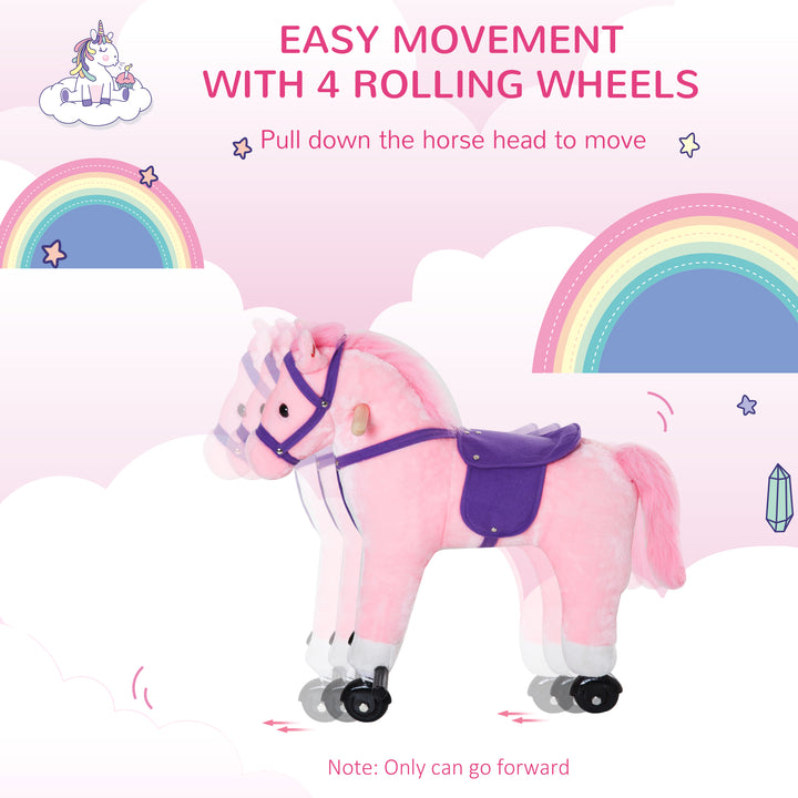 Rocking Horse Kids Ride on Walking Horse Animal Pony Wheeled Riding Plush Toy w/Sound for 2 Years and Up (Pink)
