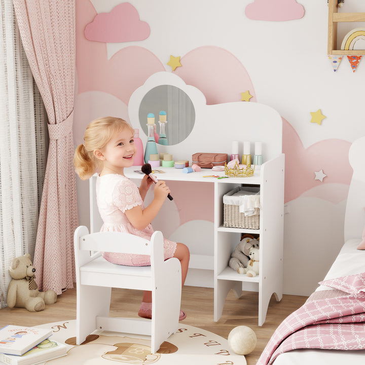 Kids Dressing Table with Mirror, Stool, Kids Vanity Table with Shelves, for Ages 3-8 Years