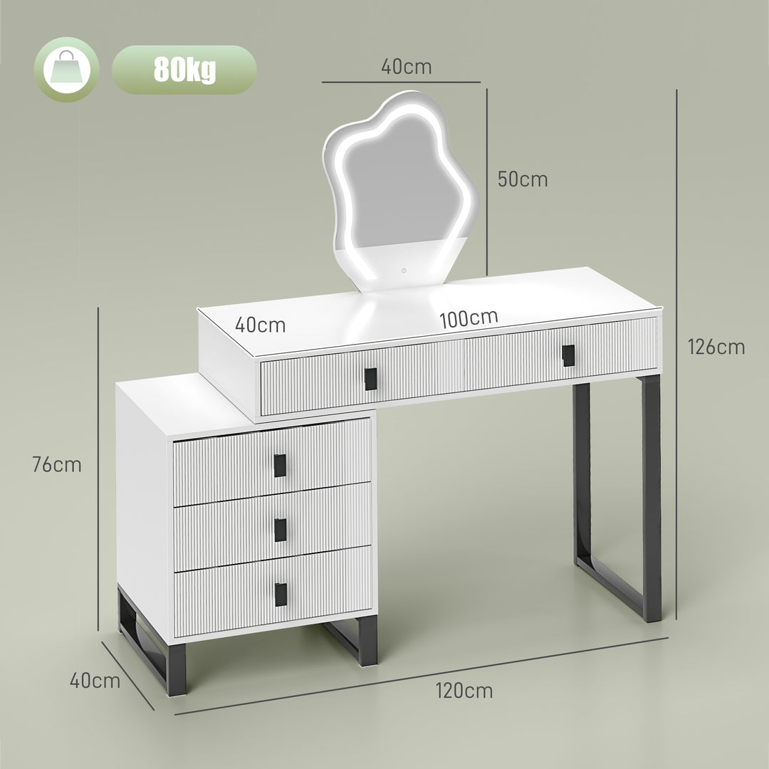 LED Lighted Dressing Table with Leaf Shape Mirror, Modern Vanity Desk with 5 Drawers, Makeup Desk with Fluted Panels, White