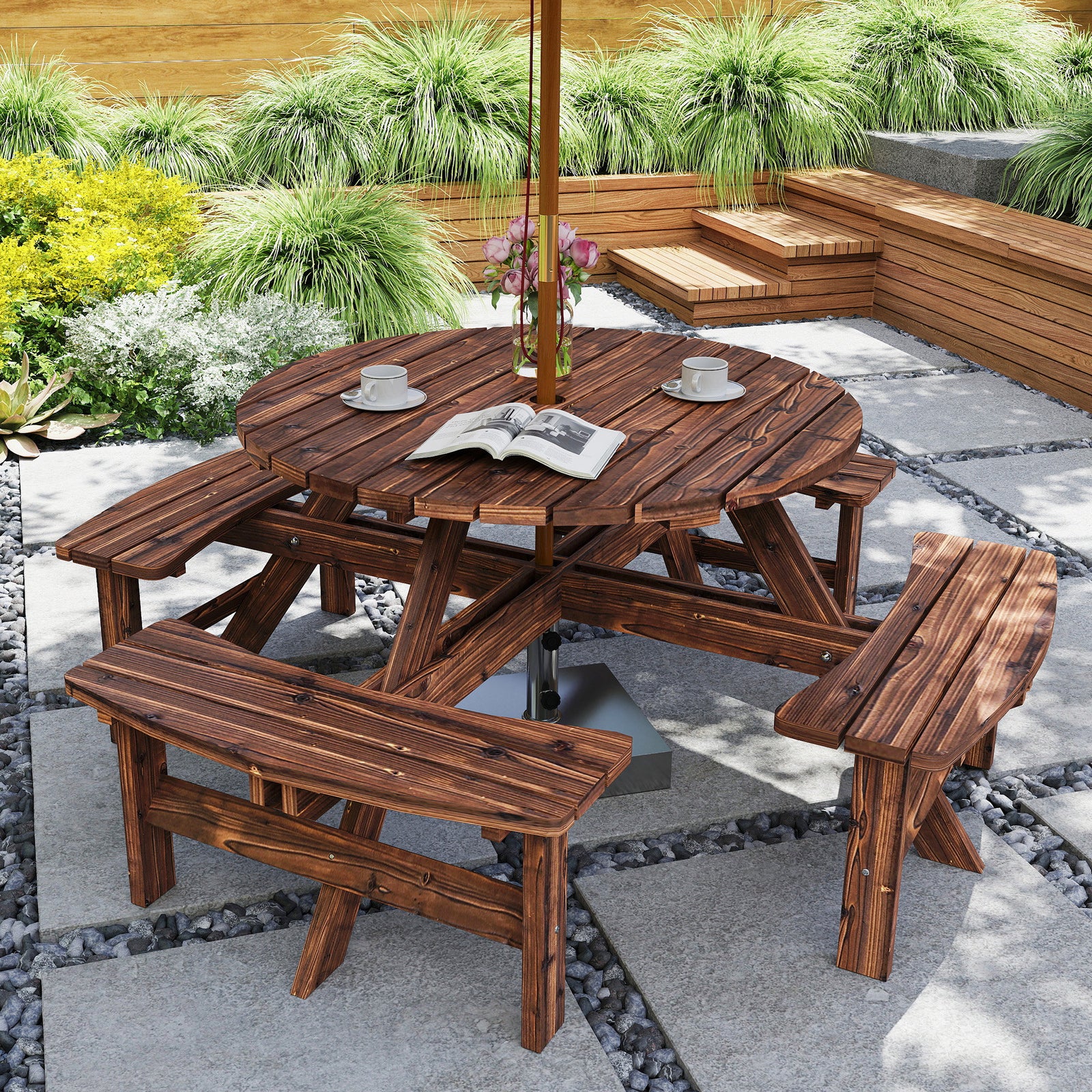 Wooden Garden Dining Set, 8 Seater Patio Furniture Set with Round Picn