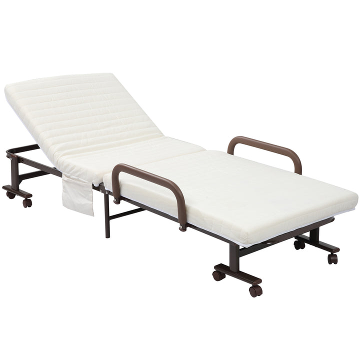 Folding Bed with Mattress, Single Guest Bed, Portable Fold Bed with Adjustable Backrest, Metal Frame on Wheels, White, 190 x 76 cm