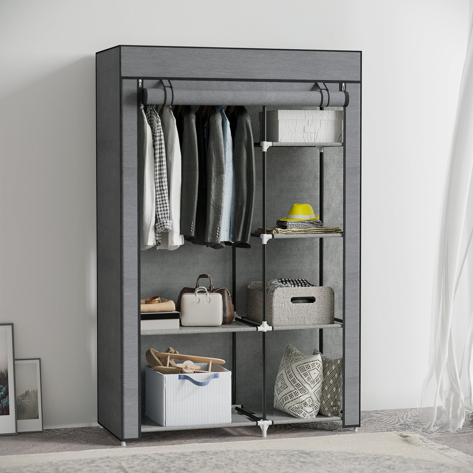 Rail and Six Shelf Fabric Wardrobe - Dark Grey