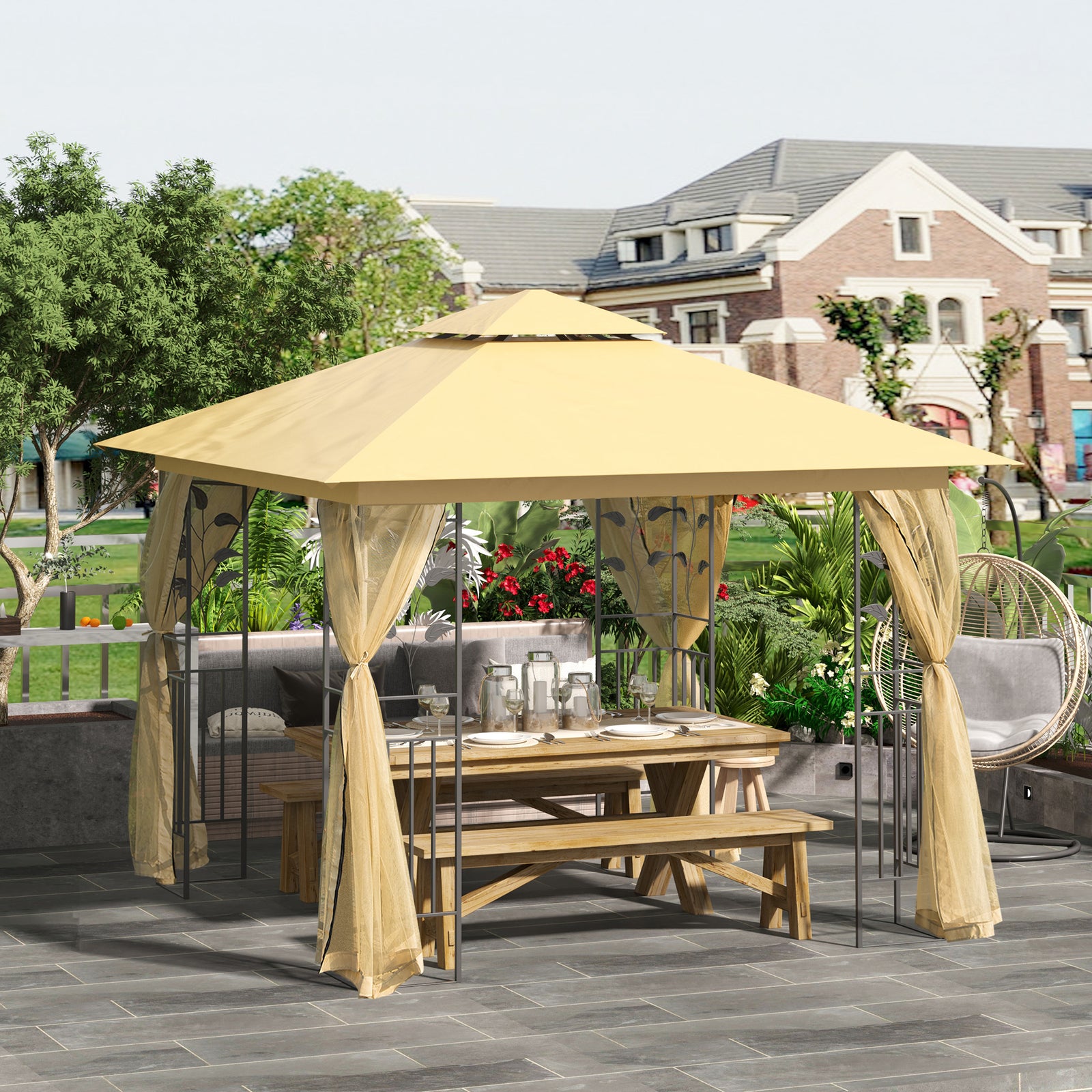3(m) x 3(m) Garden Gazebo, Double Roof Outdoor Gazebo Canopy Shelter with Netting, Solid Steel Frame, for Garden, Lawn and Deck, Beige