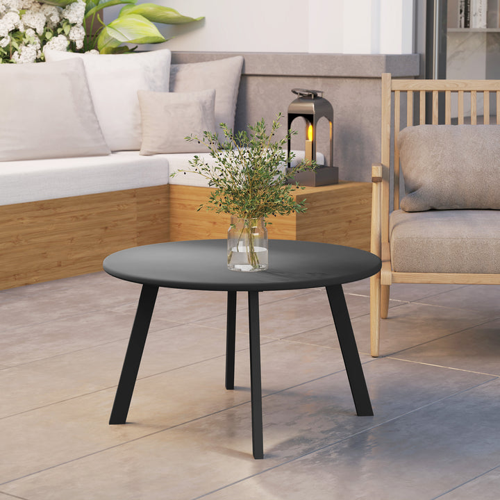 70cm Round Coffee Table, Outdoor Garden Table with Non-Slip Foot Pads and Metal Frame for Garden, Terrace, Balcony, Living Room, Black