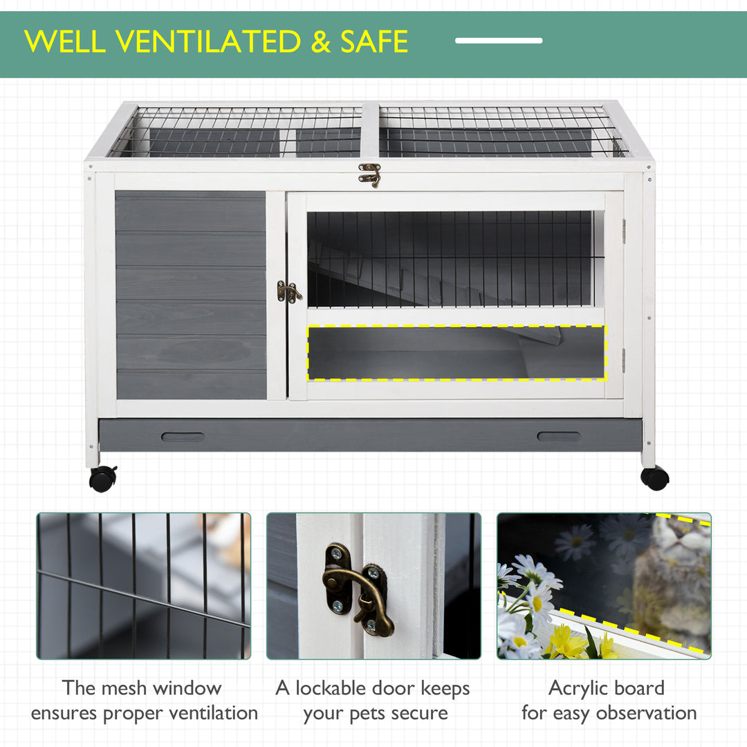 PawHut Wooden Guinea Pigs Hutches Elevated Pet Bunny House Rabbit Cage with Slide-Out Tray Indoor Grey | Aosom UK
