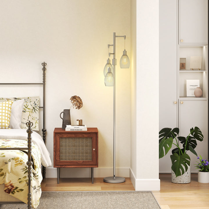3-Light Floor Lamp, 170cm Industrial Dimmable Standing Lamp with Steel Wire Cage Lampshades for Living Room, Bedroom, Dining Room, Study, Silver Tone
