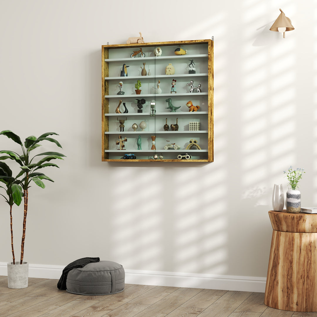 7-Tier Wall Display Shelf Unit Cabinet w/ 6 Adjustable Shelves Glass Doors Home Office Ornaments 83x80cm, Oak