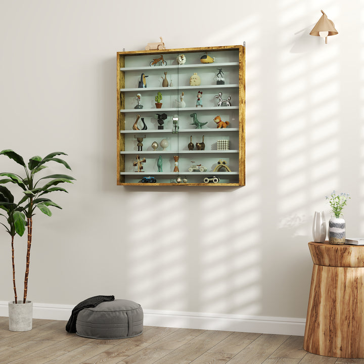 7-Tier Wall Display Shelf Unit Cabinet w/ 6 Adjustable Shelves Glass Doors Home Office Ornaments 83x80cm, Oak