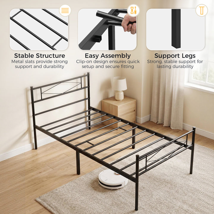 3ft Single Bed Frame with Headboard and Footboard, Metal Platform Bed 