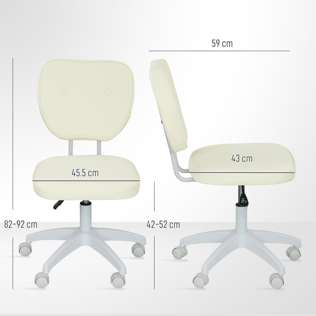 Vanity Office Chair, PU Leather Computer Chair for Home, with Adjustable Height, Armless, Swivel Wheels, Cream