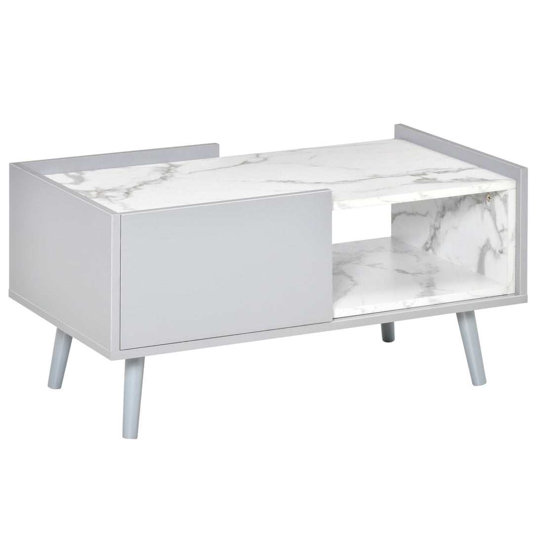White Coffee Table with Faux Marble Top, 2-Tier Wood Center Table Sofa Table with Storage Drawer and Shelf for Home Living Room Reception Room