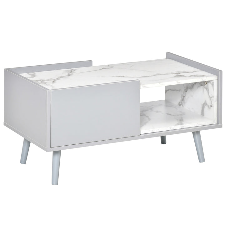 White Coffee Table with Faux Marble Top, 2-Tier Wood Center Table Sofa Table with Storage Drawer and Shelf for Home Living Room Reception Room
