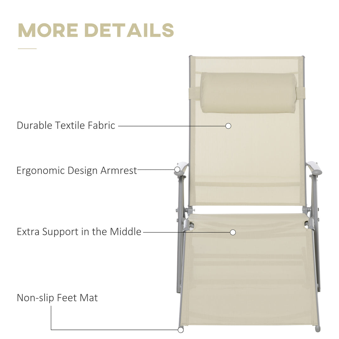 Steel Fabric Sun Lounger Outdoor Folding Chaise Lounge Chair Recliner with Portable Design & 7 Adjustable Backrest Positions - Beige