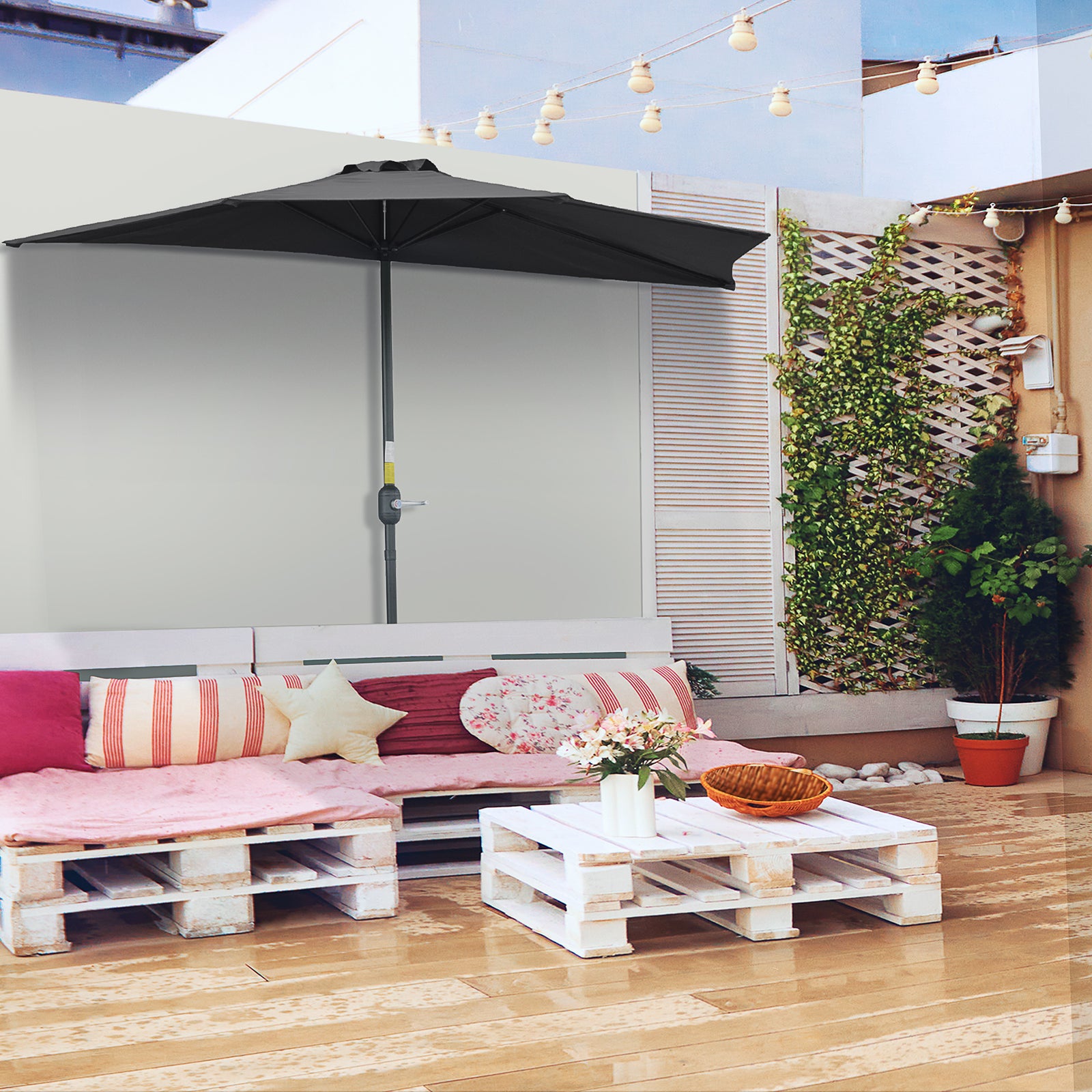 3(m) Half Parasol, Semi Round Umbrella with Metal Frame, Crank Handle for Balcony, Garden, Black